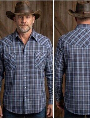 Vtg Ely Cattleman western shirt men's XL tall blue plaid Yellowstone